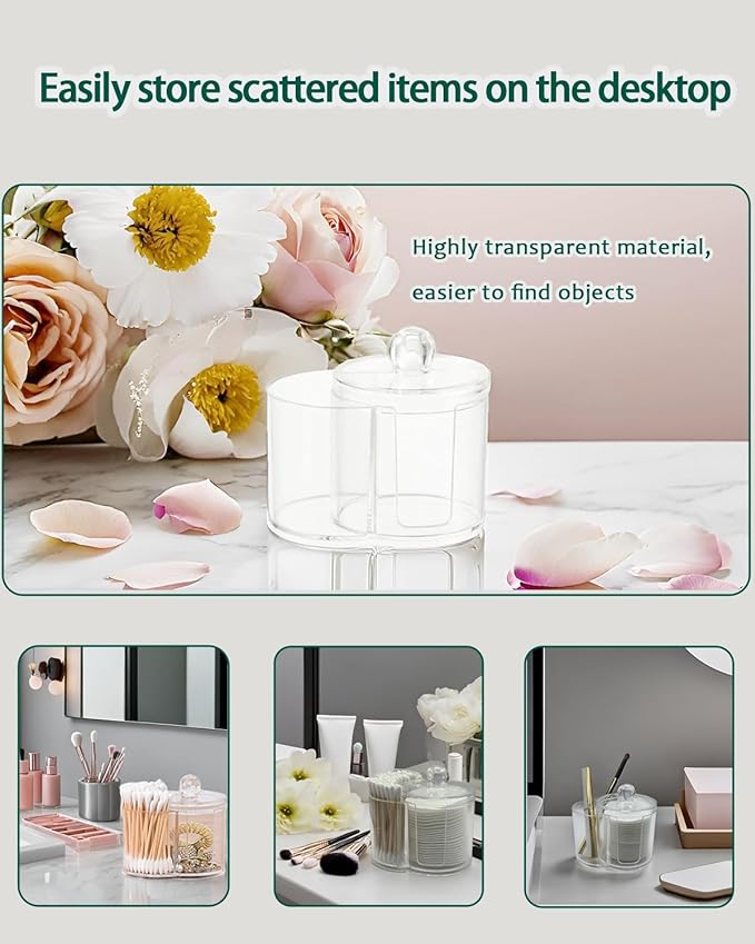 Makeup Pad Holder with Lid and Cotton Swab Storage, Clear Plastic 2-in-1 Dual Compartment Bathroom Vanity Organizer, Durable PS Canister for Cotton Rounds, Dental Flossers and Hair Ties