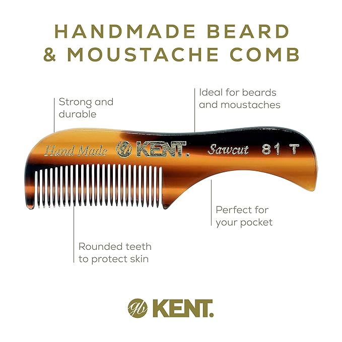 Kent A 81T X-Small Men's Beard and Mustache Comb, Fine Toothed for Facial Hair Grooming and Styling. Quality Cellulose Acetate, Saw-cut Polished. Made in England