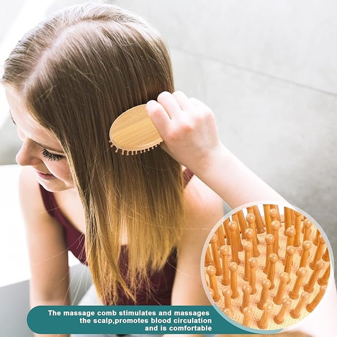 Bamboo Brush for Hair Growth, Natural Wooden Scalp Brush Mini Hair Scalp Massager Bamboo Bristles Detangling Hairbrush for Women, No Handle Design, Anti-Static Round Wood Pins