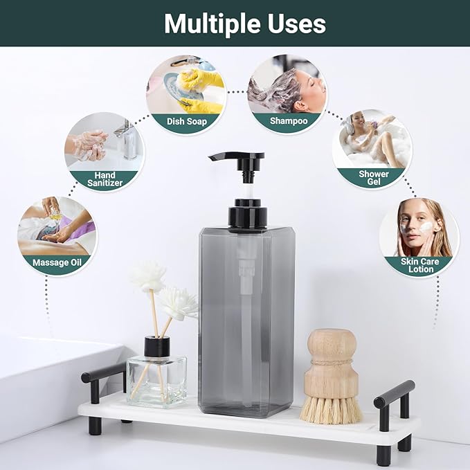 Suream 3 Packs Shampoo Dispenser, 27oz/800ml Square Plastic Shower Bottles Refillable with Labels, Shampoo Pump Dispenser for Bathroom Vanities, Grey