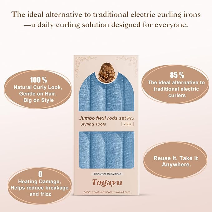 Heatless Curls Overnight Set - 4PCS Jumbo Velvet Hair Rollers to Sleep In, No-Damage Flexi Rods for Beautiful, Effortless Curls and Waves for Women