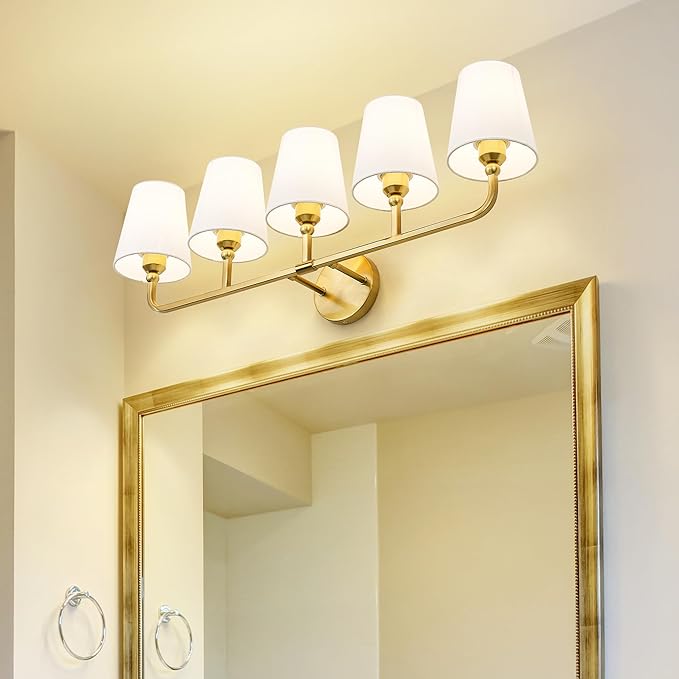 Bathroom Light Fixtures, 5 Light Brushed Gold Vanity Lights with Flared White Fabric Shade, 35 Inch Wall Sconce, Modern Sconces Wall Lighting for Hallway Bedroom, VL837-BG-5