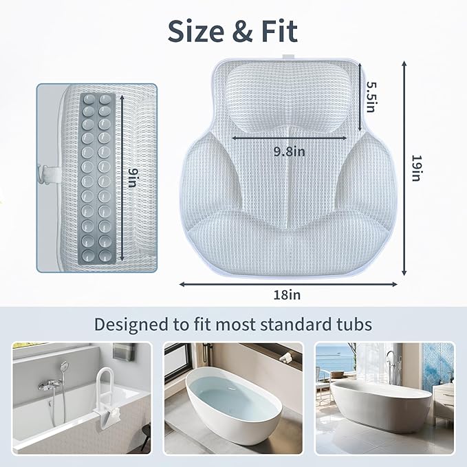 Luxury Bath Pillows for Tub with 4D Mesh Fabric - Thick and Soft Ergonomic Head Neck Back Support, Quick-Drying White Bath Pillows with Anti-Slip Suction Cups, Spa Gift for Adults and Seniors