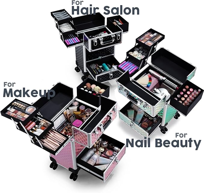 Hododou Rolling Makeup Case Cosmetic Travel Trolley Storage Sliding Drawer 4 Tray Makeup Travel Case with Wheels Salon Barber Case Traveling Cart Trunk for Cosmetologist Nail Tech Hairstylist Black