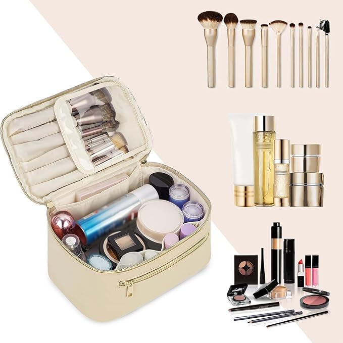 Wandering Nature Makeup Bag, Travel Make Up Organizer Cosmetic Brush Bags Case for Women in Vegan Leather, Beige,Patent Pending