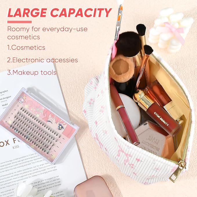 Cute Makeup Pouch for Women Flower Small Make Up Bag for Purse Zipper Initial Cosmetic Bags Pouches for Purse Aesthetic Travel Toiletrybags,Pink Bow Rose Floral