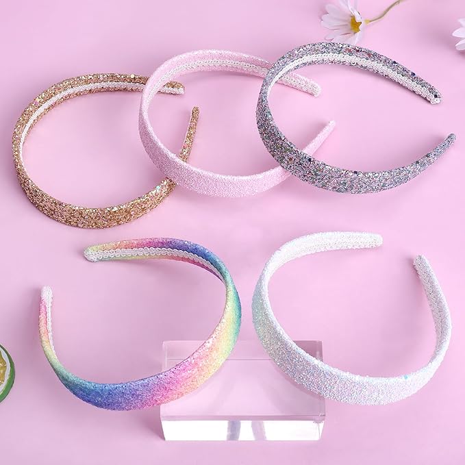 Fishdown Headbands for Girls 3 CM Wide, 5 Pack Cute Sparkly Hair Bands for Kids, Rainbow Sequin Girls Headbands for Kids Children Teens Women