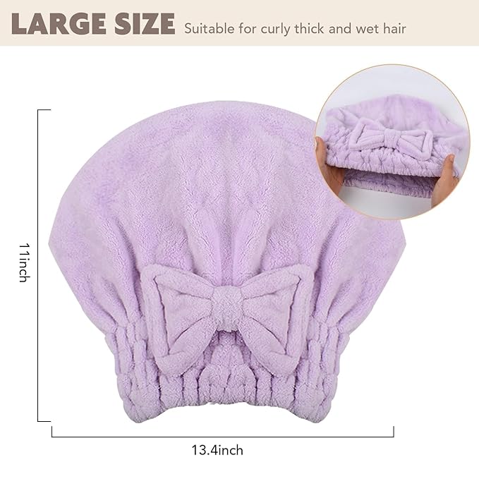 SUNLAND Large Microfiber Hair Drying Caps with Bow Knot Fast Drying Shower Cap Soft and Absorbent hairWrap Hair Turban Bath Caps for Curly Thick and Wet Hair