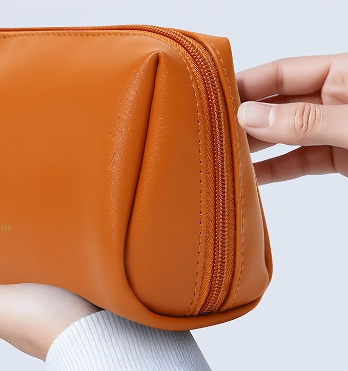 Aveniee Small Travel Makeup Bag, Vegan Leather Cosmetic Pouch for Purse,Wide-open Toiletry Organizer with Dividers & Zipper, Beauty Storage for Women-Brown