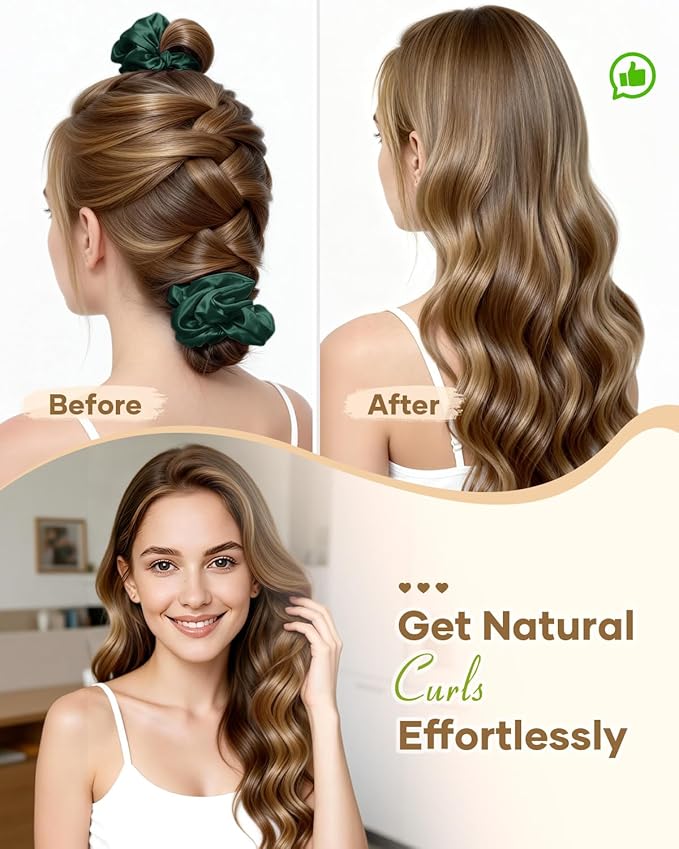 BONNET QUEEN Satin Heatless Hair Curler, Overnight Curls for Long Hair, ultra soft Heatless Curling Rod & 2 Scrunchies,Damage-Free Styling, Soft Hair Curlers for Overnight Use(Dark Green)