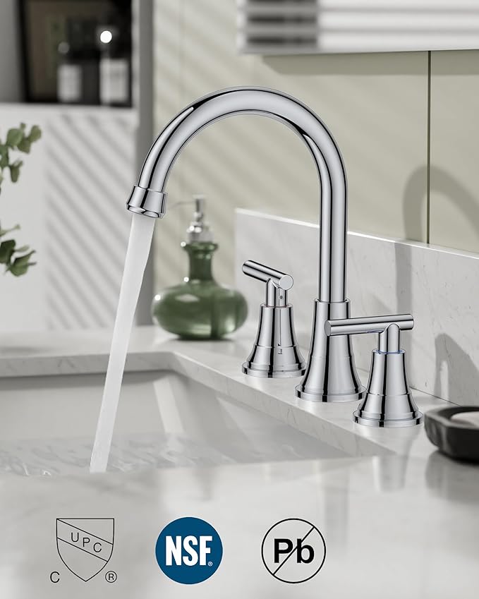 FORIOUS Chrome Bathroom Faucet Vanity 3 Holes, 8 Inch Widespread Polished Chrome Faucet for Bathroom Sink 3 Piece with Pop-up Drain and 360 Degree Swivel Spout, Silver Rv Lavatory Tap