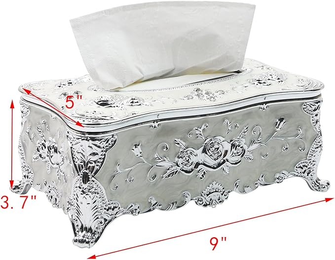 Geesatis Tissue Box Cover, Rectangle Tissue Box Holder, Rectangular Napkin Facial Tissues Holder for Bathroom Toilet Bedroom Living Room Table Desk Office Dresser, 1 Pcs Silver 9''x5''x3.7''