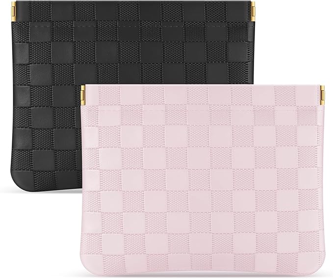 Sightor 2PCS Pocket Cosmetic Bag for Purse, Checkered Makeup Bag Portable Leather Cosmetic Bag for Women, Coin Purse Lipstick Cosmetic Accessories Organizer Travel Cosmetic Pouch (Black, Pink, L)