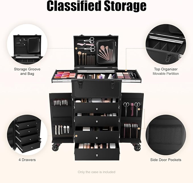 Rolling Makeup Case Large Storage Cosmetic Trolley, Rolling Lockable Makeup Train Case, Stylist Beauty Salon Cosmetic Luggage Travel Organizer Tool Box