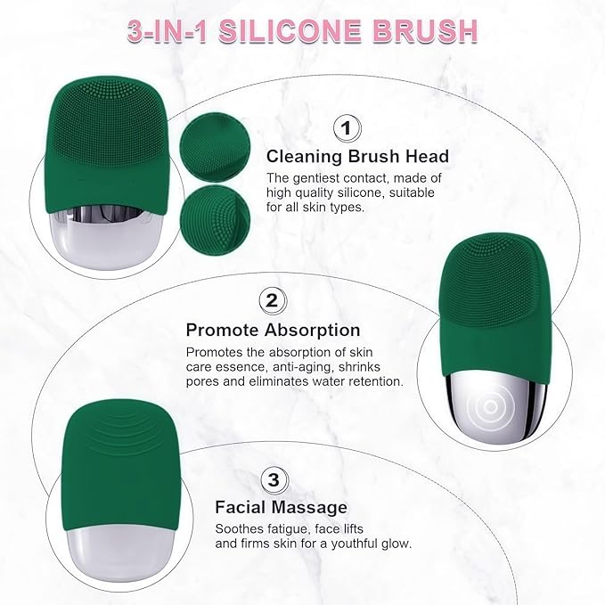 MEGAN Facial Cleansing Brush,USB Rechargeble Electric Silicone Face Scrubber,IPX7 Waterproof Sonic Facial Massager, 3 in 1 face Brush for Deep Cleanning, Blackhead Remover, Exfoliating. (Green)