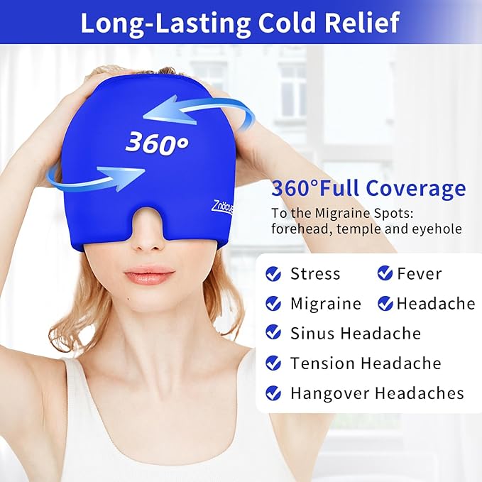 ZNÖCUETÖD Migraine Headache Relief Cap Hat Full Head ice Pack Wrap Cooling Gel Ice Beanie Cold Cap Hot/Cold Compress Therapy for Sinus, Stress, Tension, Hangover Headache Pain Relief Gift Men Women