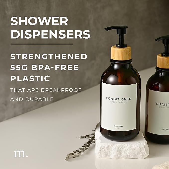MaisoNovo Refillable Shampoo and Conditioner Bottles - 16.9 fl oz Set of 3 Amber Plastic Bottles Black Bamboo Pumps