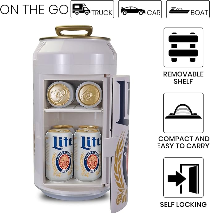 Miller Lite 8 Can Thermoelectric Mini Fridge 5.4 L/ 5.7 Quarts Capacity, 12V DC/110V AC cooler for home, den, dorm, cottage, cabin, beer, beverages, snacks, skincare, cosmetics, medication