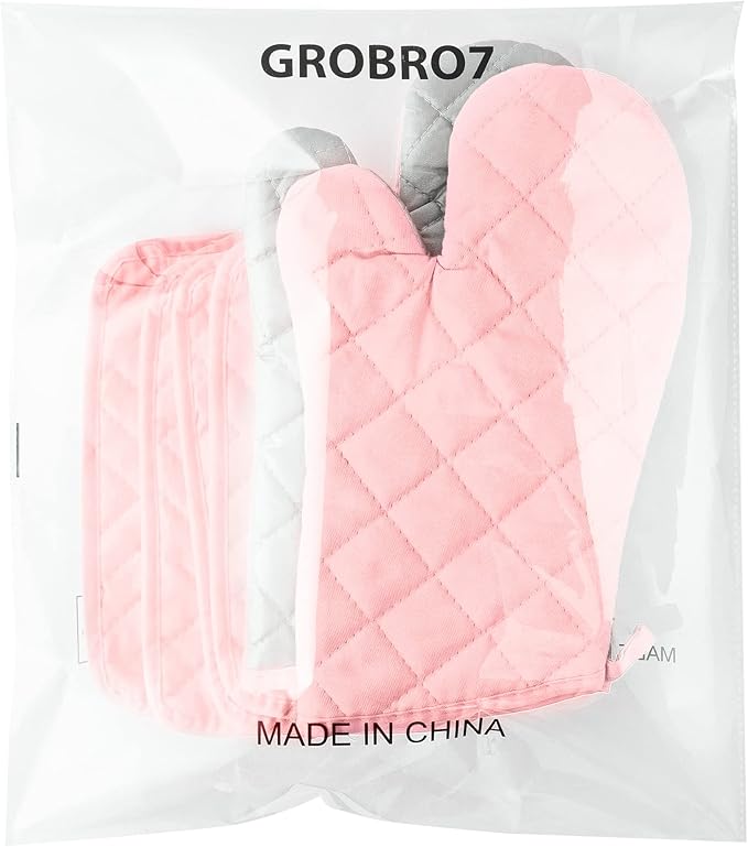 GROBRO7 6Pcs Cotton Oven Mitts and Pot Holders Set Heat Resistant Hot Pads Durable Pocket Pot Holder Machine Washable BBQ Gloves with Hanging Loop for Safe Kitchen Baking Cooking Grilling Pink