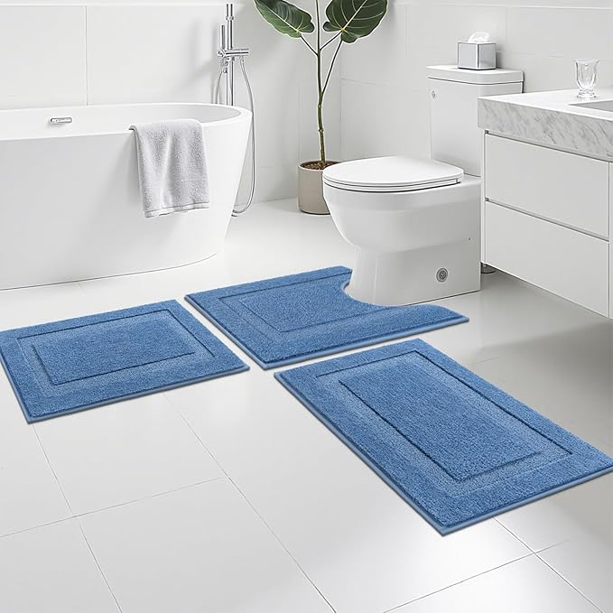 SHACOS 3 Piece Blue Bathroom Rugs Sets, Non Slip Soft Fluffy 16"x24" + 20"x32" Bath Mat and 20"x24" U Shaped Toilet Rugs Washable, Water Absorbent Bath Rugs for Bathroom