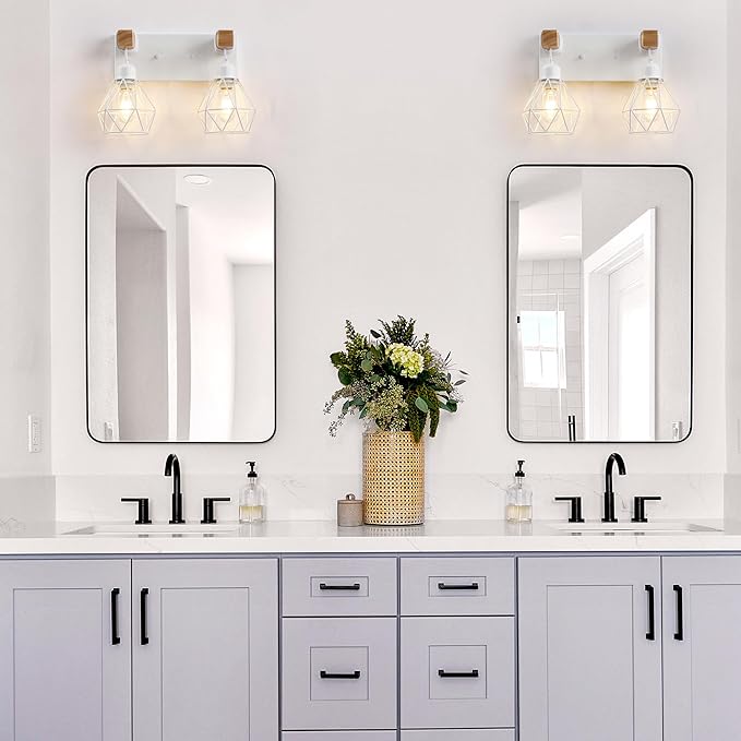White Bathroom Vanity Light Fixtures, 2-Light Wood Bathroom Light Fixtures Over Mirror, Rustic Sconces Wall Lighting with Elegant Metal Lampshade for Living Room, Bedroom, Hallway