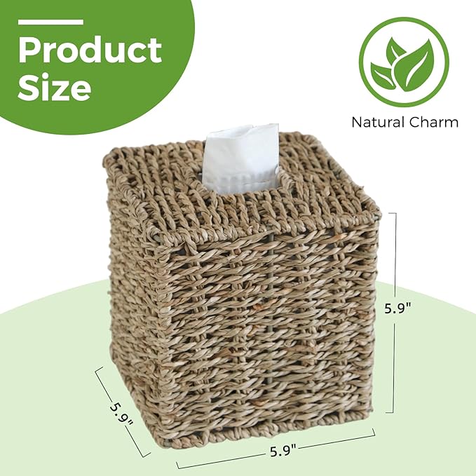 2 Pack Seagrass Tissue Box Cover, Wicker Tissue Box Holder Square, Hand Woven Cube Tissue Box Cover Tissue Holder for Bathroom Living Room Kitchen Office, Natural