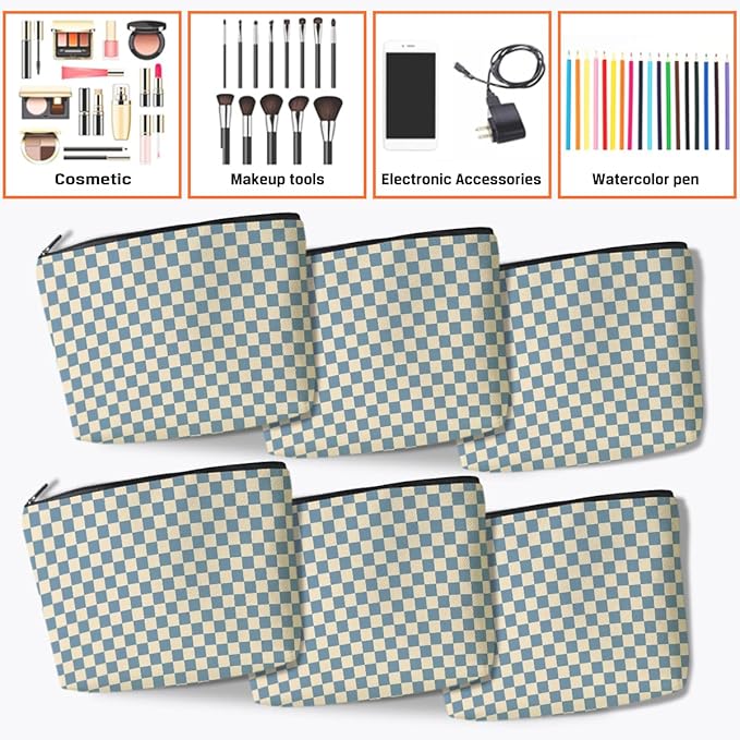 6 Pcs Checkered Makeup Bags Make up Bag Cosmetic Bags for Women Girls Sister Bridesmaid Auntie Friendship Christmas Birthday Travel Toiletry Bag Aesthetic Zipper Organizer Accessories, Cute Blue Plaid