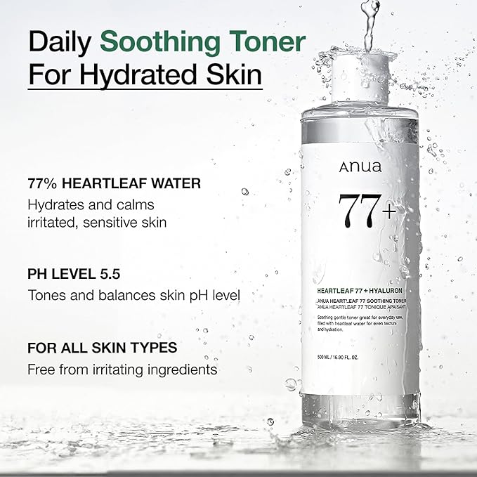 Anua Heartleaf 77 Soothing Toner, Moisturizing & Calming Facial Toner for Glass Skin, Hyaluronic Acid, Lightweight Hydration for Sensitive Skin, Redness Relief, Korean Skincare, 8.45 fl.oz