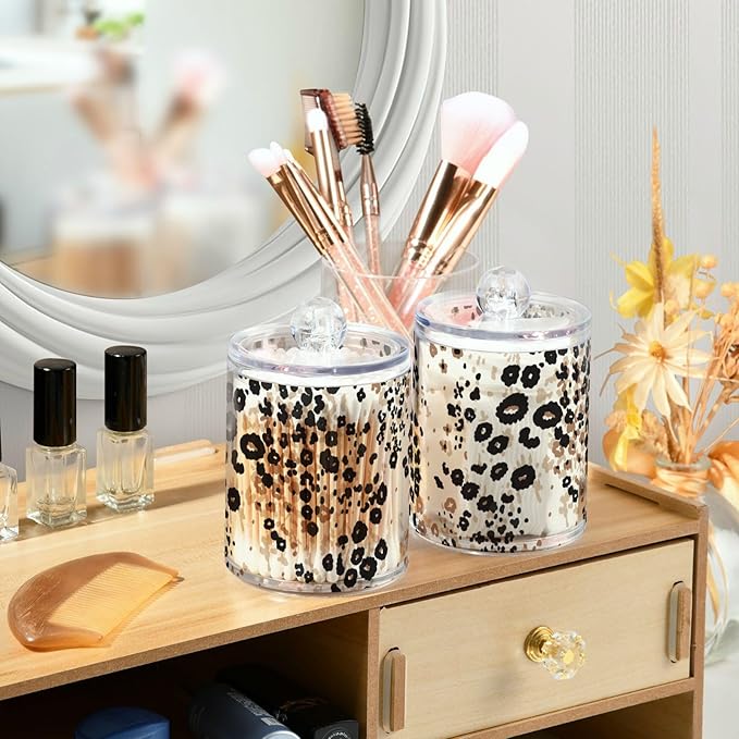 2 Pack Qtip Holder Dispenser for Cotton Ball Brown Floral Leopard Print Cotton Swab Round Pads Clear Plastic Acrylic Jar Set Bathroom Canister