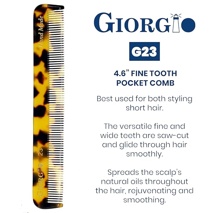 Giorgio G23 Handmade Fine Tooth Pocket Comb for Men, Mustache and Beard Comb for Men, Pocket Combs for Everyday Grooming or Styling Hair, Saw Cut and Hand Polished (4.6")