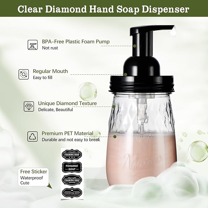 Amolliar 16Oz Foaming Soap Dispenser with Pump Lid, Plastic Refillable Foam Hand Dish Soap Dispenser Set, Clear Diamond Dispenser with Lable for Farmhouse Kitchen Bathroom (2 Pack, Black)
