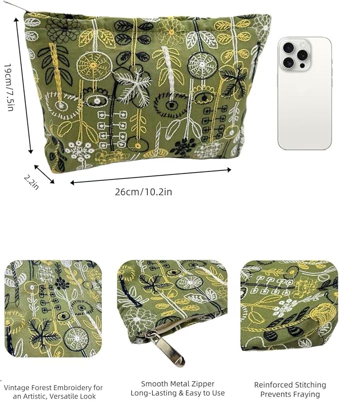 Embroidery Floral Makeup Bag for Women - Large Cosmetic Pouch | Compact Travel Toiletry Organizer (Zipper Gift for Girls Teens) ﻿