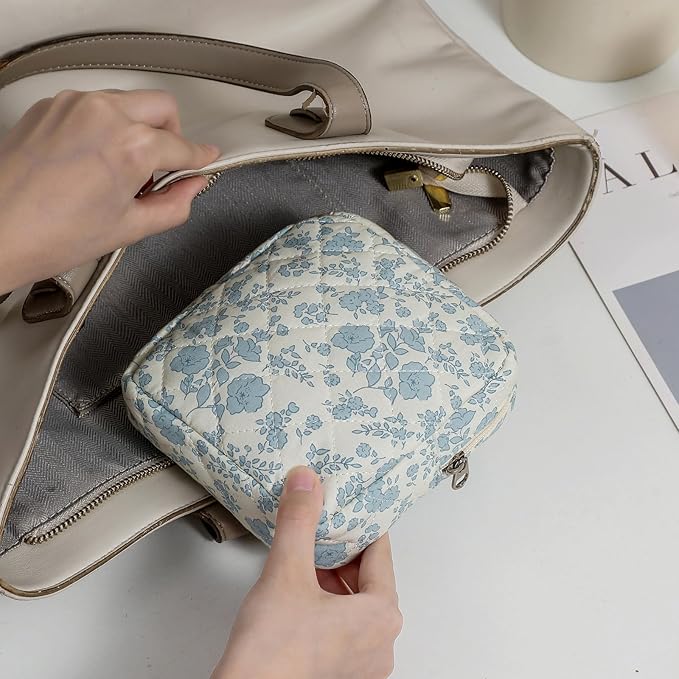 Small Quilted Cosmetic Pouch for Purse, Mini Cotton Makeup Bag with Compartments, Cute Zipper Lipstick Holder for Women (07LightBlue Flower)