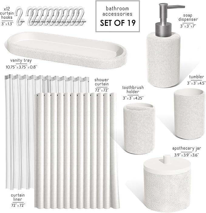 Clara Clark Bathroom Set - White Bathroom Accessories Set, 19PC Bathroom Accessory Set, Bathroom Sets with Shower Curtain Set, Soap Dispenser & Toothbrush Holder