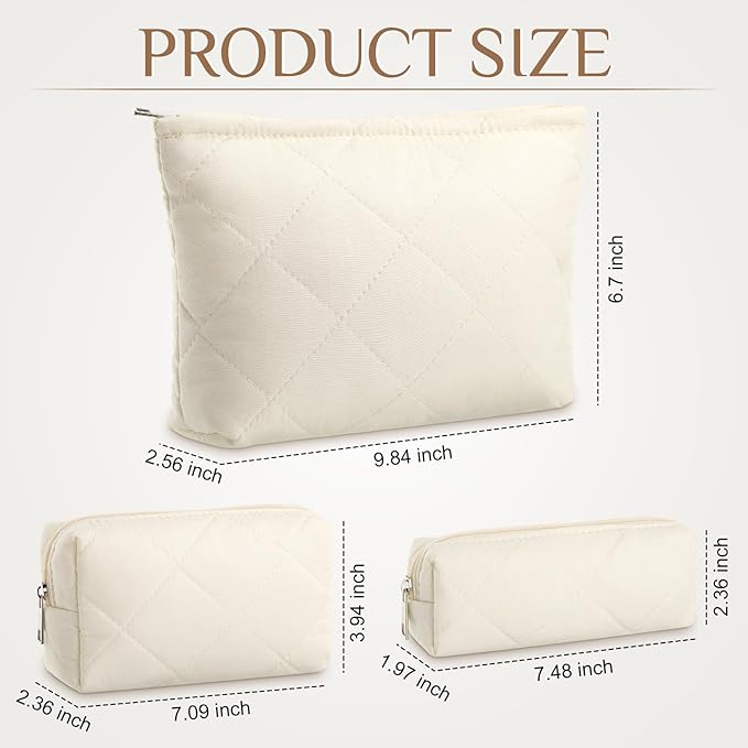 Paterr 3 Pcs Quilted Makeup Bag Set Small Bridesmaid Cosmetic Bag Aesthetic Travel Toiletry Pouch Cute Purse Pencil Case Makeup Storage Organizer for Women Birthday Gifts(Cotton,Beige)