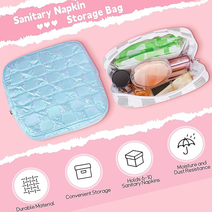 Desing Wish Sanitary Napkin Storage Bag Polyester Fabric Period Bag for Teen Girls Sanitary Pad Pouch for Sanitary Napkins/Tampons/Panty Liners Privacy Protector Pad Bag (Bubble-Check, Blue)
