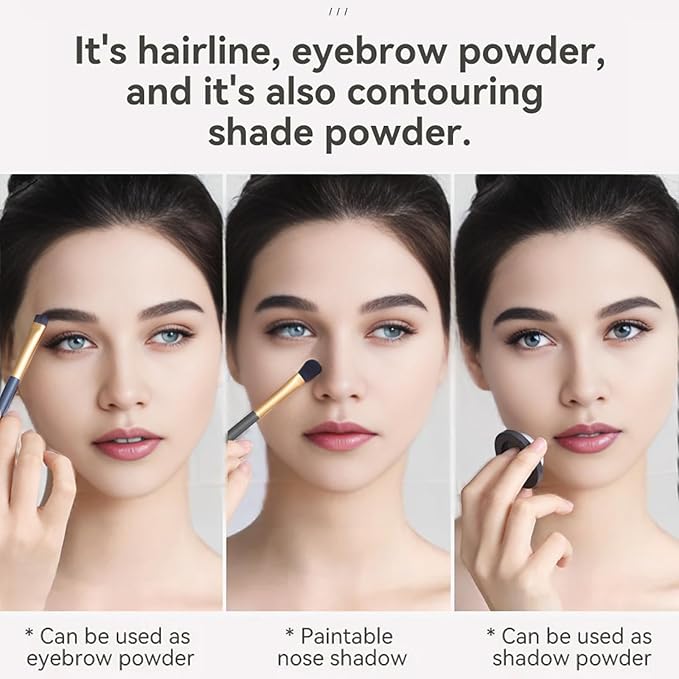 Hairline Powder Hair Root Touch Up - 3 Brush Heads, Instant Cover up Gray Hair, Portable Hair Color Concealer, Women Men's Grey Hair Coverage, Multi-purpose for Eye Shadow & Contouring - Black