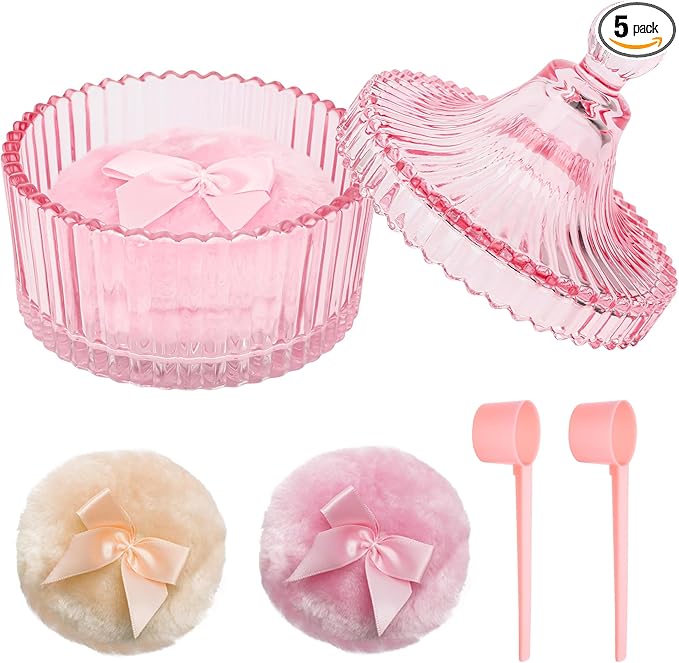 5PCS Body Powder Puff and Container, Coolrunner Crystal Clear Powder Container with Powder Spoon, Dusting Powder with Puff for Women, Washable Reusable (Pink)