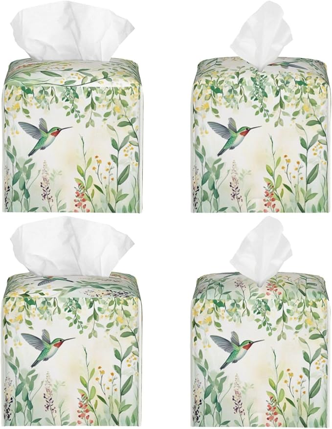 Green Leaves Hummingbird Spring Tissue Box Cover Watercolor Floral Square Leather Tissue Holder Decorative Facial Tissue Cube Paper Cover Case Organizer for Bathroom Night Stands Desk Home