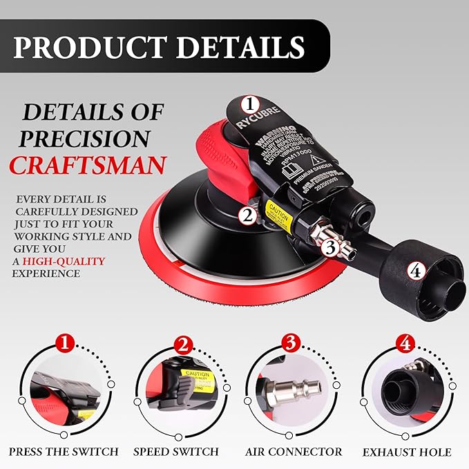 Air Sander with vacuum – 6 Inch DA Palm Sander for auto body, High-Speed Random Orbital Pneumatic Sander for Woodworking & Auto Polishing (including 12 sandpaper + accessories)