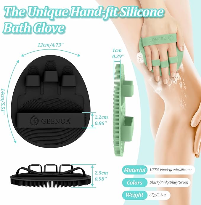 Silicone Bath Gloves 2PC, 360° Anti-Slip & Enlarged Silicone Body Scrubber for Rich Foaming Deep Cleaning, Revolutionary No-Grip & Hand-fit Shower Scrubber for All Skin Types(Black+Green)