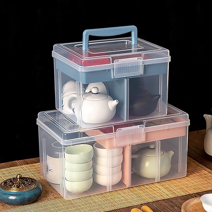 Clear Small Plastic Storage Box with Handle & A Removable Tray & Adjustable Divider, Kids Students Children Art Box, Desk Organiser Case, Medicine Storage Box (Clear & Ocean Blue)