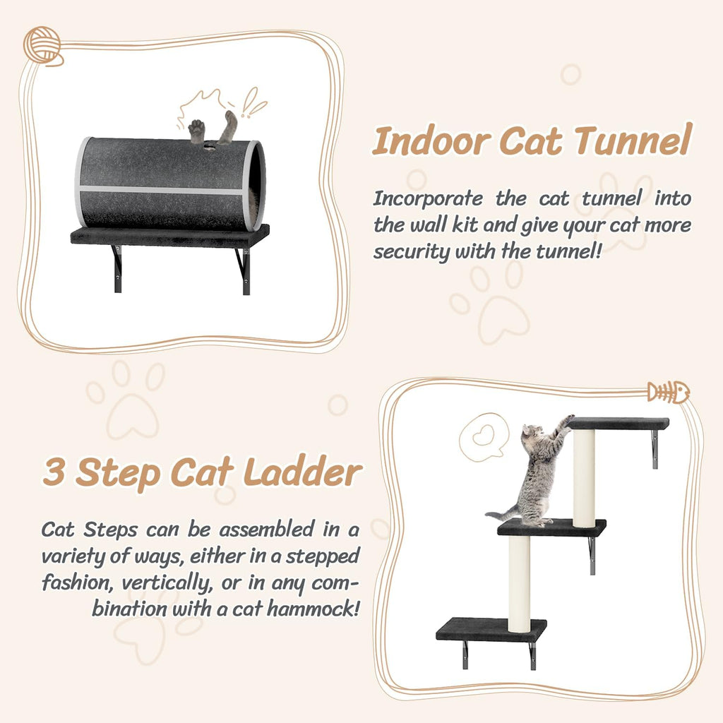NUNU LAB 7-in-1 Wall Mounted Cat Climber Set, Cat Wall Furniture Set with House, Bridge, Steps, Scratcher Post, DIY Playground, Cat Wall Shelves - Dark Gray