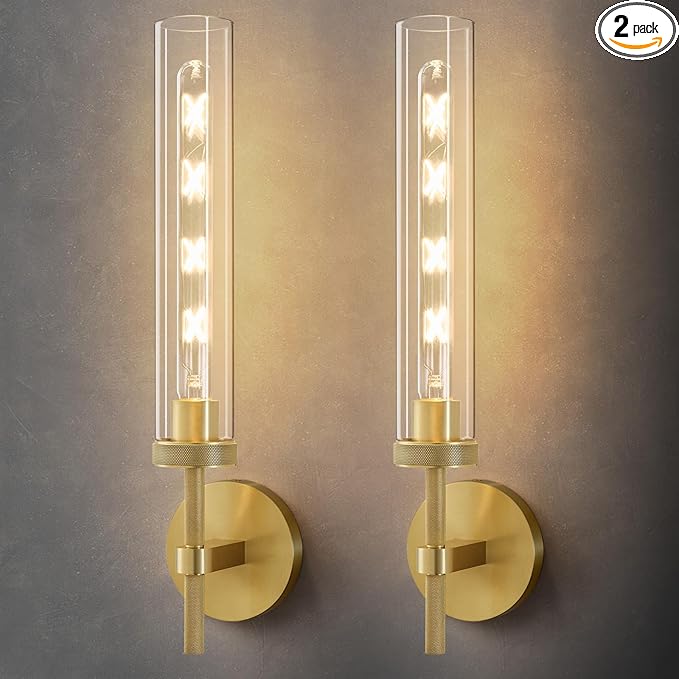Brass Knurled Tube Wall Sconce - Set of 2 Luxury Modern Glass Sconces with Bulbs - Gold Dimmable Indoor Lighting - Vertical Mounted Light Fixture for Vanity Mirror Bathroom Bedroom Living Room Hallway