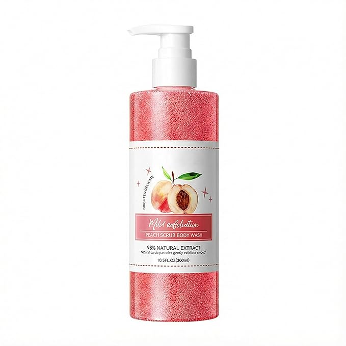 Peach Exfoliating Body Wash - [300ml] Hydrating Shower Gel with Natural Scrub - Sweet Peach Scented Body Polish for Soft Smooth Skin - Mild Daily Cleanser for Dryness