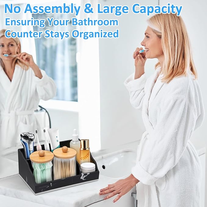 Bathroom Counter Organizer, Black Marble Toothbrush Holders for Bathrooms with 2PCS Qtip Holder, Bathroom Organizer Countertop Toothbrush and Toothpaste Holder for Makeup Organizer for Vanity