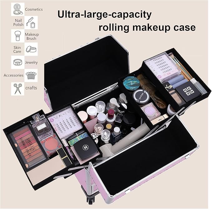 TOPACK Rolling Makeup Train Case,Professional Cosmetology Case on Wheels,Large Cosmetic Organizer Trolley Case,Makeup Travel Case with Draws,Nail Artist Hairstylist Storage Traveling Cart Trunk,Pink