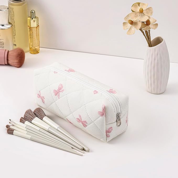 Cute Floral Makeup Brush Bag Small Cotton Quilted Cosmetic Bag for Women Travel Toiletry Zipper Make Up Pouch (Pink Small Bowknot)