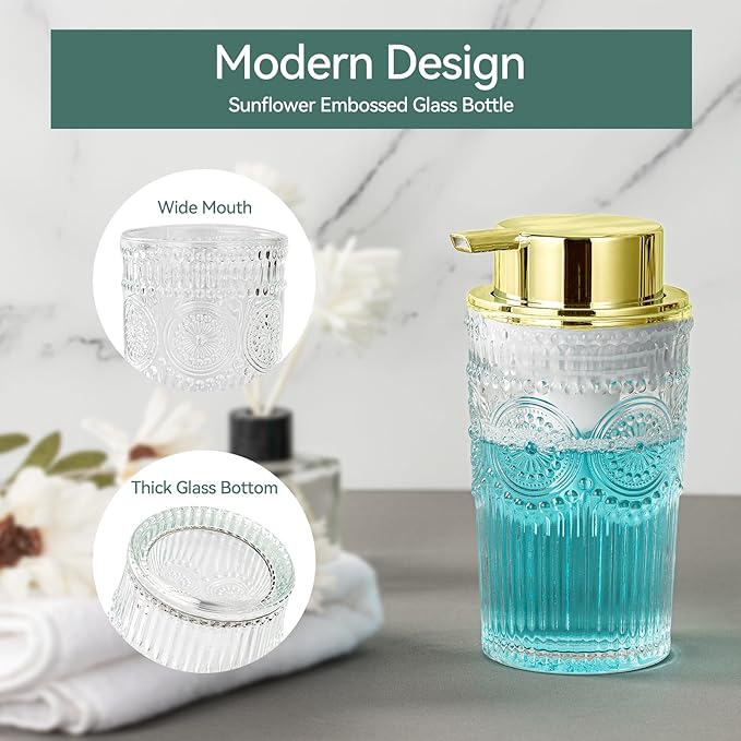 Golden Foaming Soap Dispenser - 7 oz Clear Glass Foam Hand Soap Dispenser for Bathroom & Kitchen, Refillable Dish Dispenser, Foam Hand Wash Dispenser with Foam Pump