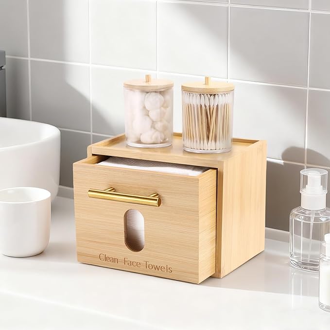 BSSN Face Towel Holder Bamboo Disposable Clean Towels Holder with Cotton Swab Box and 60ct Towels, Wall Mounted & Countertop Skincare Organizer, Bathroom Vanity Storage for Face Tissues & Makeup Pads